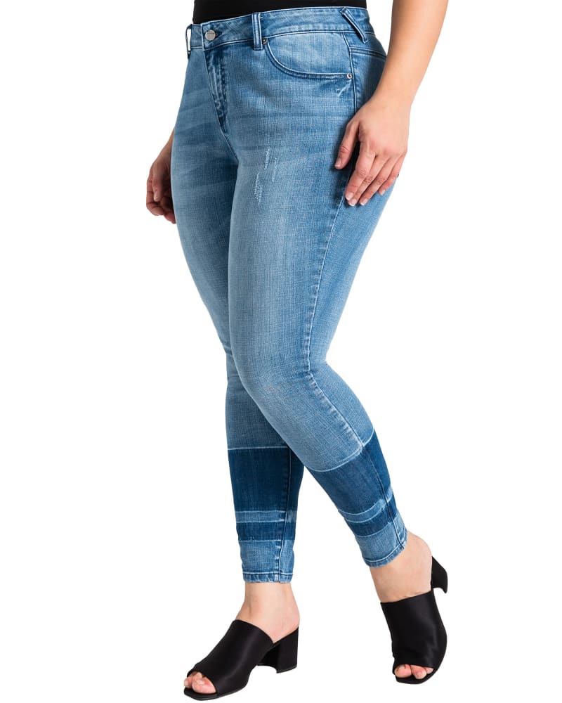 Side of a model wearing a size 14 Stella Two Tone Contrast Stripe Jeans in Blue by Standards & Practices. | dia_product_style_image_id:275822